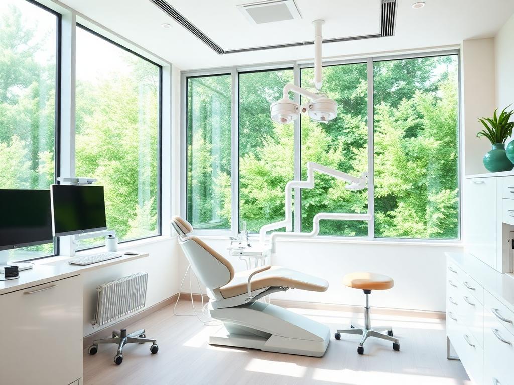 Consultório odontológico moderno com luz natural e vista para o verde
