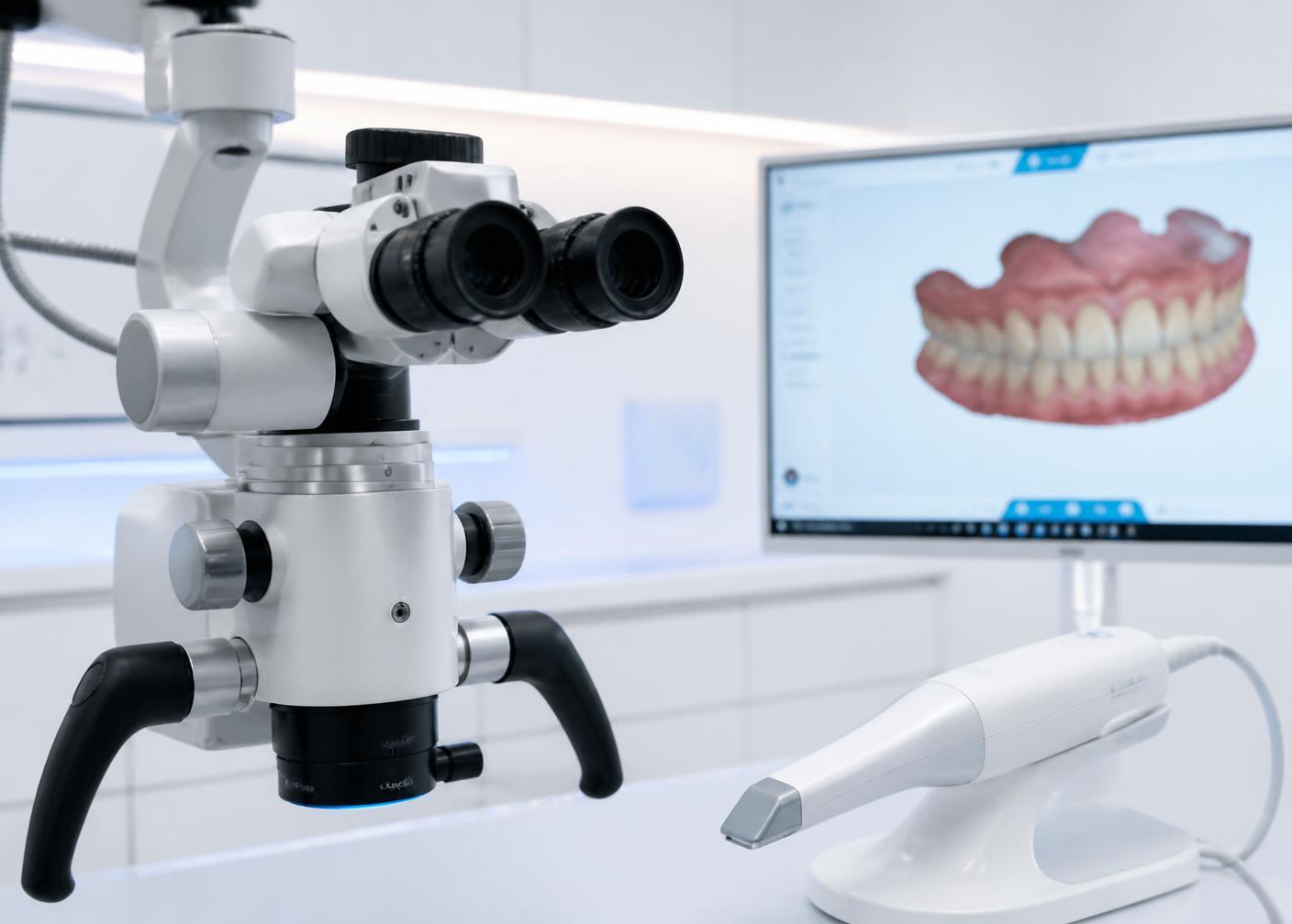 Microscópio odontológico e scanner intraoral em sala clínica moderna