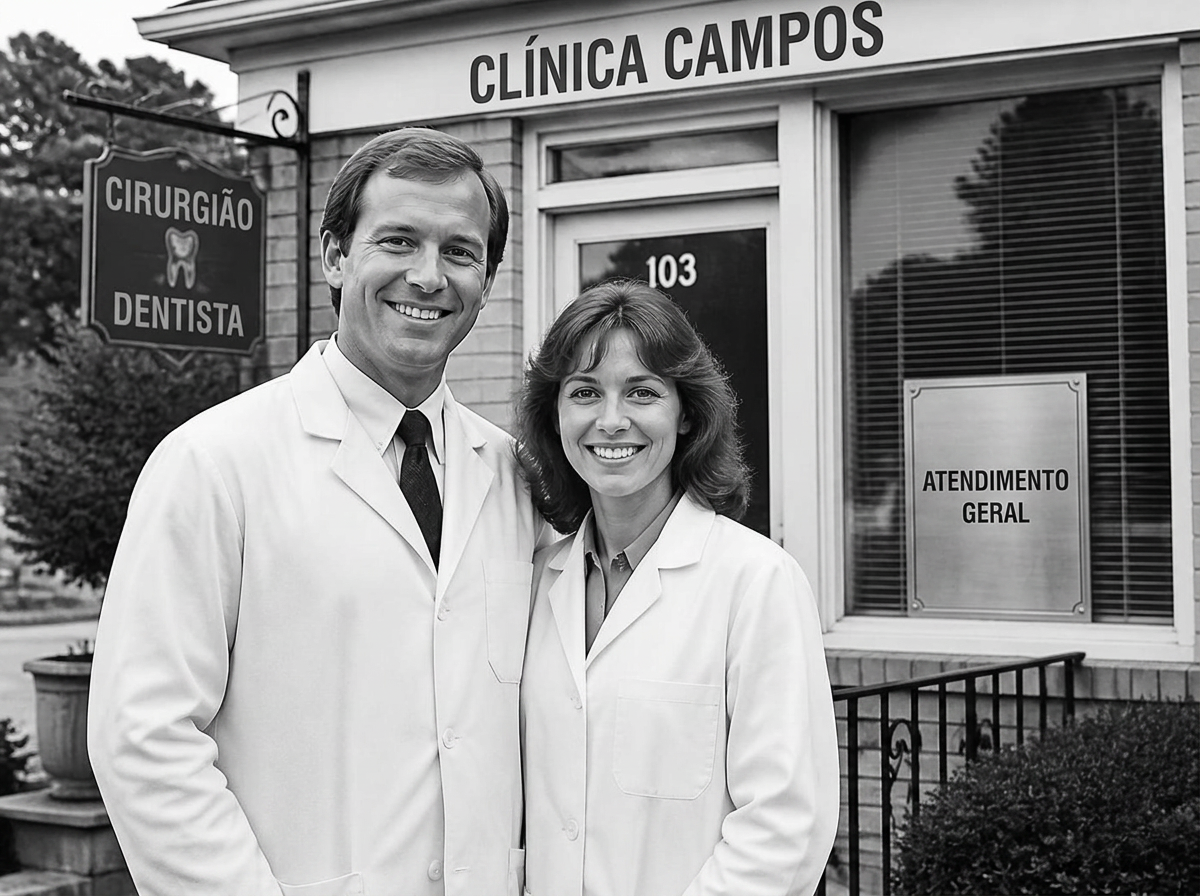 Dr. Osvaldo e Dra. Regina em frente à primeira sede da Clínica Campos, nos anos 1980